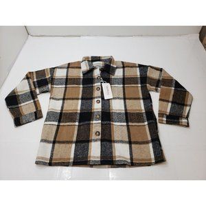 Yeokou Women's Jacket Shacket Button Up Long Sleeve Brown Plaid Size S NWT